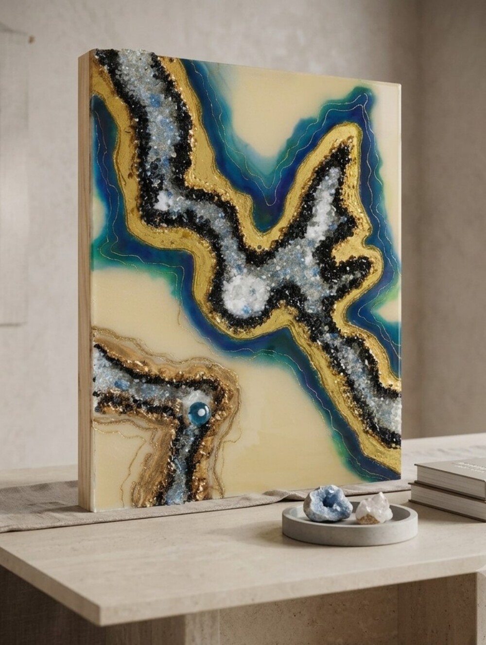 Resin Geode Wall Art - Blue, Gold & Cream Abstract On Wooden Canvas
